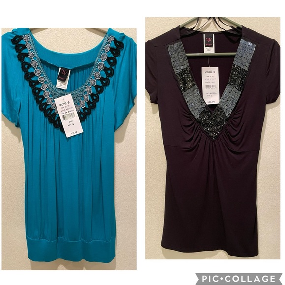 Kohl's Tops - NWT, Two pack, short sleeve blouses, size small. Black and teal dress shirts.